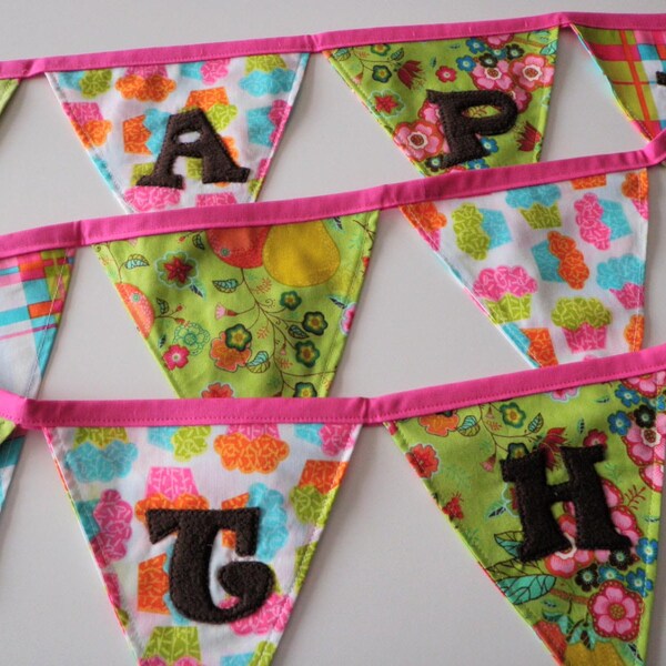Happy Birthday Fabric Banner - Tea Party, Pink and Green