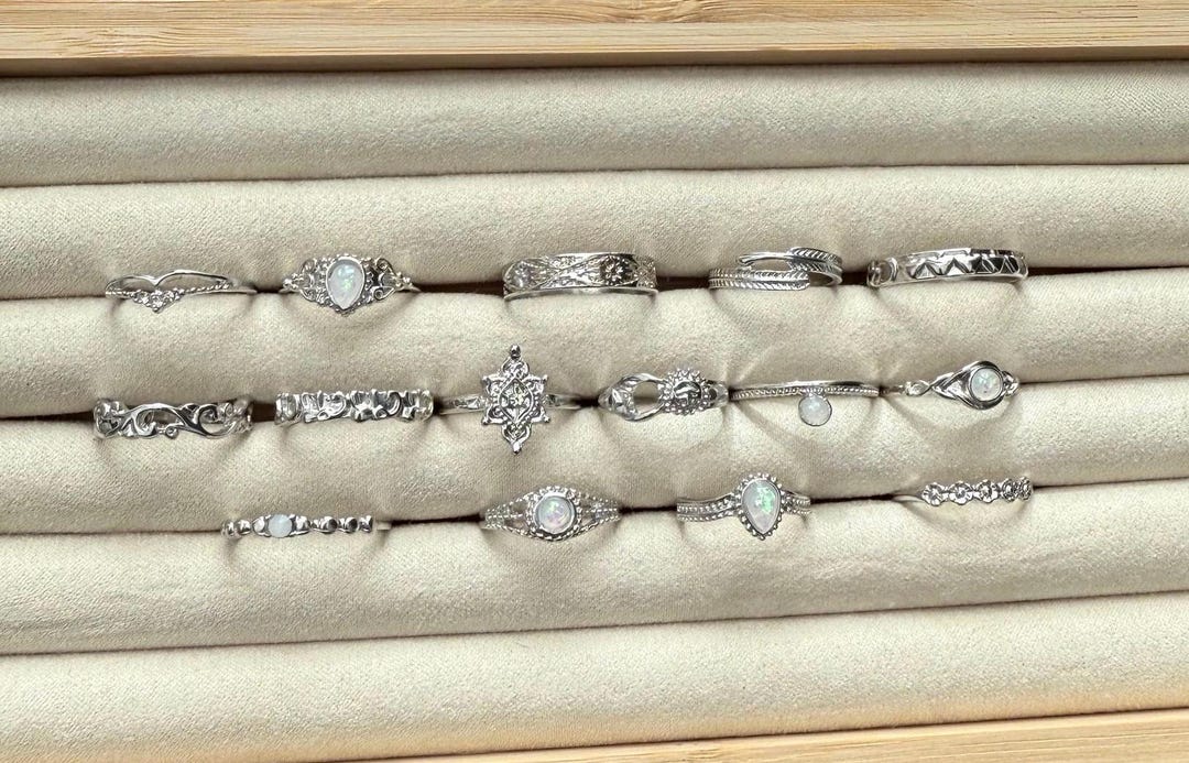 Sundance Stackable Rings Set 15pcs Stackable Sliver Ring Set, Gemstone & Rhinestone Rings, Sun, Moon ...