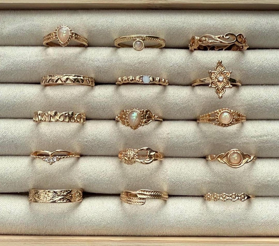 Sundance Stackable Rings Set 15pcs Stackable Gold Ring Set, Gemstone & Rhinestone Rings, Sun, Moon ...