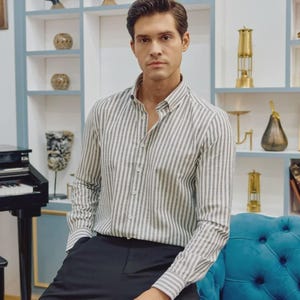Men’s Modern Slim Fit Linen-Look Shirt – Thick Striped, Casual Dressy Style