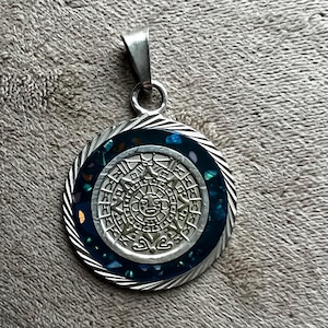 Vintage Opal Inlay Enameled Mayan Calendar Pendant