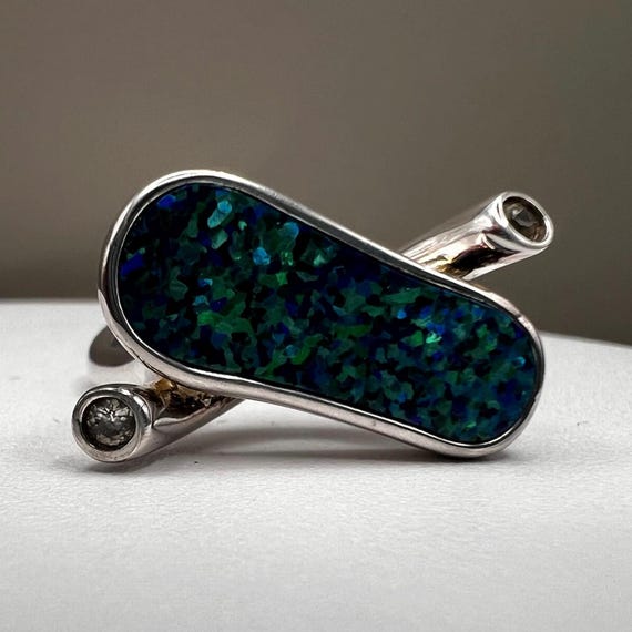 Sterling Silver Opal Statement Ring: Blue Opal, C… - image 1