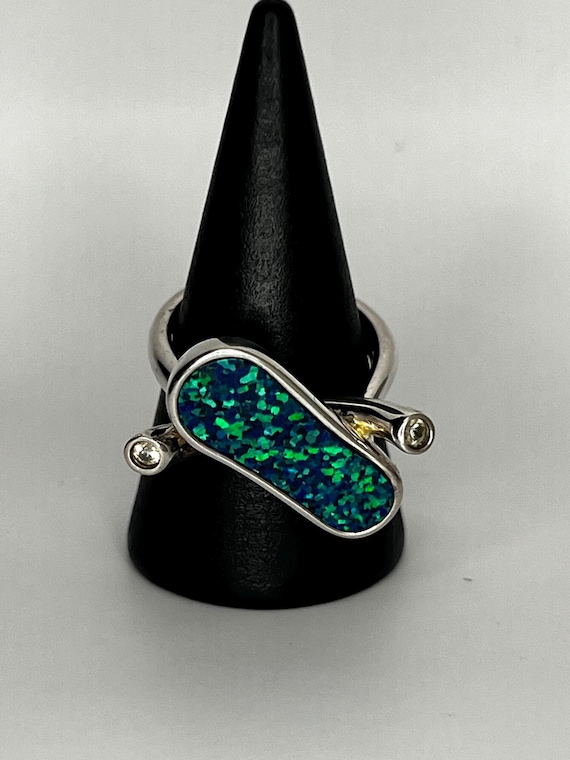 Sterling Silver Opal Statement Ring: Blue Opal, C… - image 2