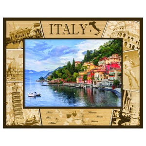 May include: Wooden picture frame with a central image of a colorful Italian lakeside village. The frame features sepia-toned images of Italian landmarks and the word "ITALY" at the top.