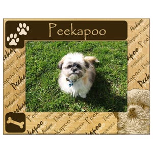 May include: A framed photo of a Peekapoo dog sitting on green grass. The frame is light brown with the word "Peekapoo" at the top and paw prints and a bone graphic on the frame. The dog has brown and white fur.