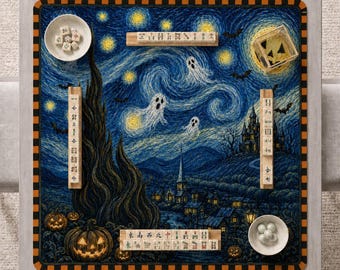 Halloween Starry Night Neoprene Mahjong Mat, Van Gogh Style Ghost Pumpkin Haunted Village, Holiday Gift, Non Slip Table Cover, SHIPS ROLLED