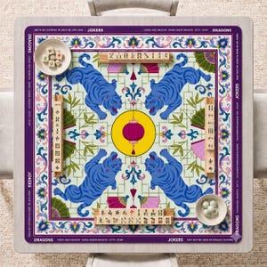 Blue Tiger Chinoiserie Neoprene Mahjong Mat, Pink Lantern Bamboo Garden Game Mat, Luxury Hostess Gift, Non Slip Table Cover, SHIPS ROLLED