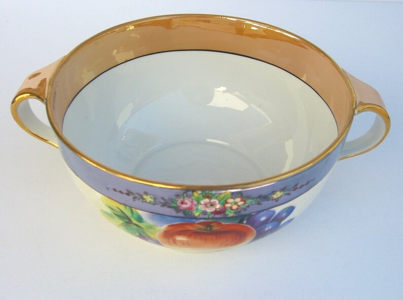 Fruit Flowers Cherry Blossom Mark Made in Japan Noritake 1920s Handled Vintage Lusterware Bowl