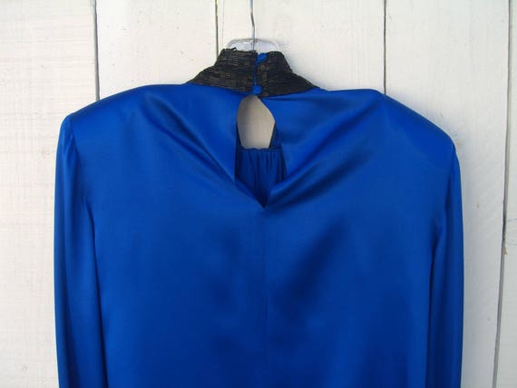 Royal Blue Silk Blouse, Black Beaded Collar Cuffs… - image 6
