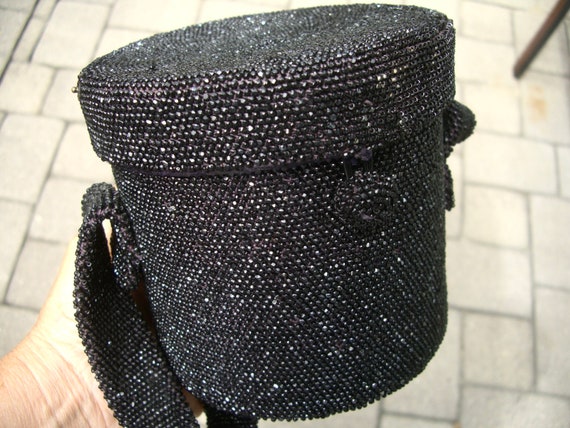 Vintage Black Beaded Box Handbag, Hatbox Purse 19… - image 6