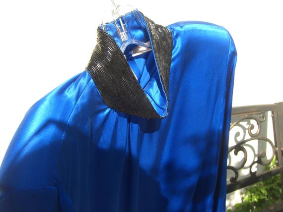 Royal Blue Silk Blouse, Black Beaded Collar Cuffs… - image 3