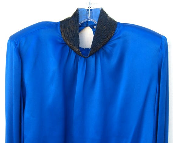 Royal Blue Silk Blouse, Black Beaded Collar Cuffs… - image 1