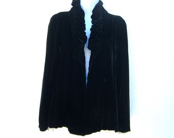 1900s Victorian Black Velvet Jacket – Antique Ruffle Collar Coat, Satin Lined