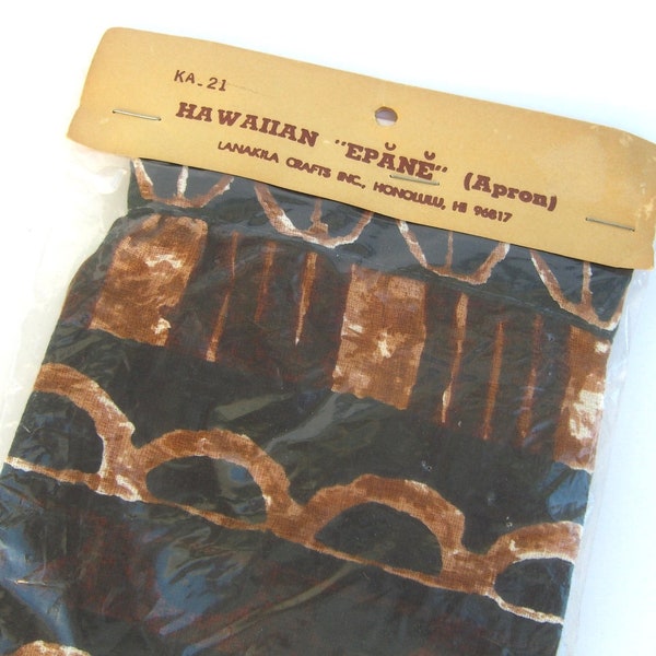 Vintage Hawaiian Apron, Lanakila Crafts Honolulu Hawaii, Traditional Brown Tapa Print, Retro, Tropical Tiki