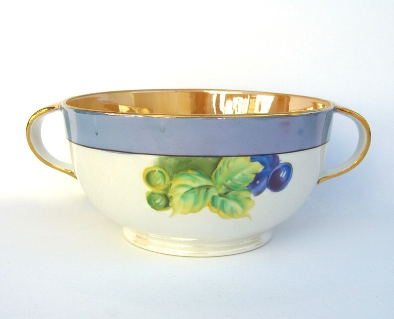Fruit Flowers Cherry Blossom Mark Made in Japan Noritake 1920s Handled Vintage Lusterware Bowl