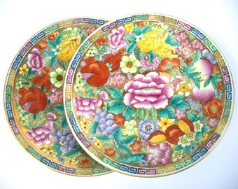 2 Vintage Asian Decorative Plates, Mille Fleur, Accents Wall Hangings, Gold Floral Pair