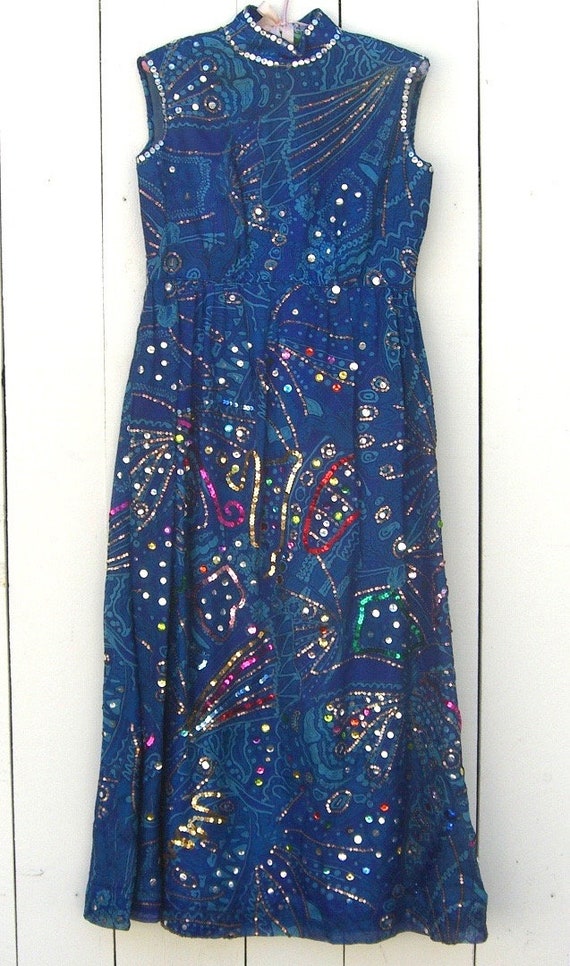 Vintage Sequined Gown Blue Sleeveless Long Dress … - image 4