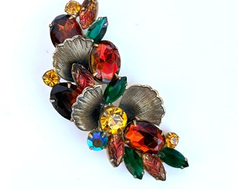 Vintage Rhinestone Brooch Pin Fall Costume Jewelry Earth Tones Gold Tone Leaves