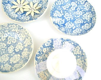 Antique Blue White China Bowls, Cherry Blossom Chintz Floral, Small Condiment, Farmhouse Kitchen Cottage