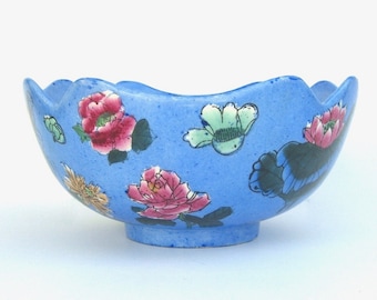 Blue Bowl Asian Decor Chinoiserie, Ceramic Accent Periwinkle Floral, Table Centerpiece