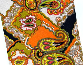 Vintage Mod Paisley Fabric 2 yds, 1960s Groovy MCM Mid Century Decor, Black Orange Olive