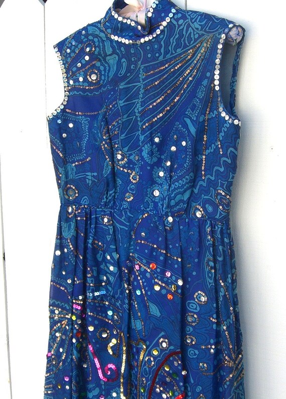 Vintage Sequined Gown Blue Sleeveless Long Dress … - image 3