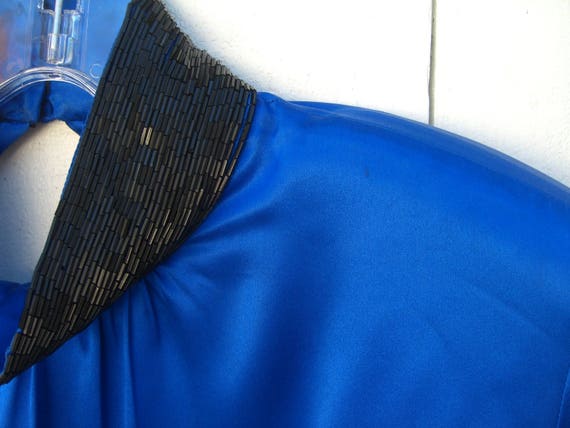 Royal Blue Silk Blouse, Black Beaded Collar Cuffs… - image 8
