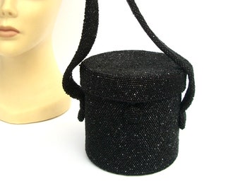 Vintage Black Beaded Box Handbag, Hatbox Purse 1930s 1940s