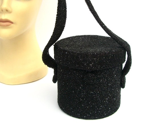 Vintage Black Beaded Box Handbag, Hatbox Purse 19… - image 1