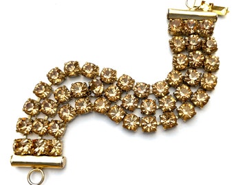Vintage Wide Brown Rhinestone Bracelet 3 Strands Chunky Crystals, Gold Tone