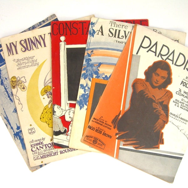 Vintage 1920s Sheet Music Lot, Colorful Cover Art Barbelle, Pud Lane, I Believe, Sunny Tennessee Eddie Cantor, Silver Lining, Pretty Lady