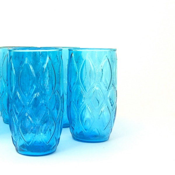 Vintage Tumblers , 4 Blue Glasses , Retro Glassware , 1960s