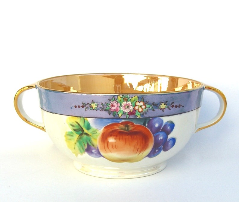 Fruit Flowers Cherry Blossom Mark Made in Japan Noritake 1920s Handled Vintage Lusterware Bowl