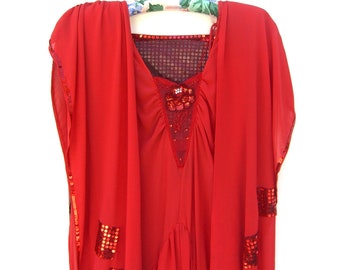 Vintage Red 80s David Howard Climax Dress, Karen Okada, Sequins, Padded Shoulders, 1980s Retro Fashion, Handkerchief Hem