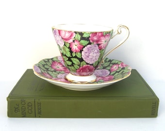 Vintage Chintz Cup and Saucer, Royal Standard Teacup, Shabby Chic English Cottage Decor, Black w/ Pink Roses Hydrangeas, England