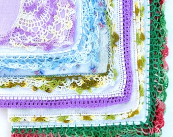 Vintage Hankies Crochet Trim Handkerchiefs Multicolor Lot White Lavender Blue