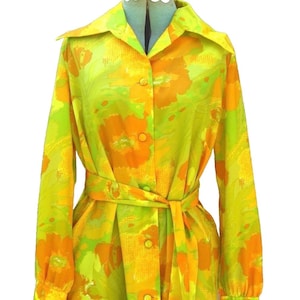 Vintage Shirt Dress Kimos Polynesian Shop Hawaii Long Sleeve Belted L 12 Yellow