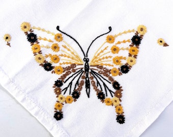 Vintage Butterfly Embroidered Fabric Pieces for Pillows DIY Craft Upcycle, Mustard Brown Gold