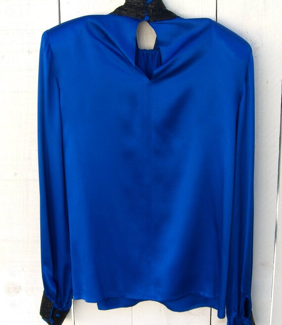 Royal Blue Silk Blouse, Black Beaded Collar Cuffs… - image 5