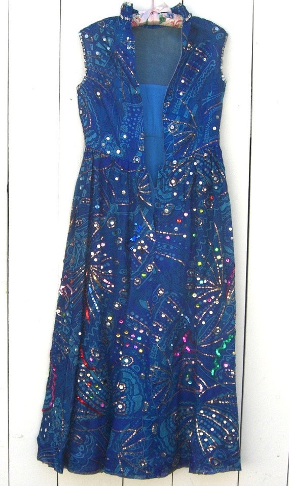 Vintage Sequined Gown Blue Sleeveless Long Dress … - image 8