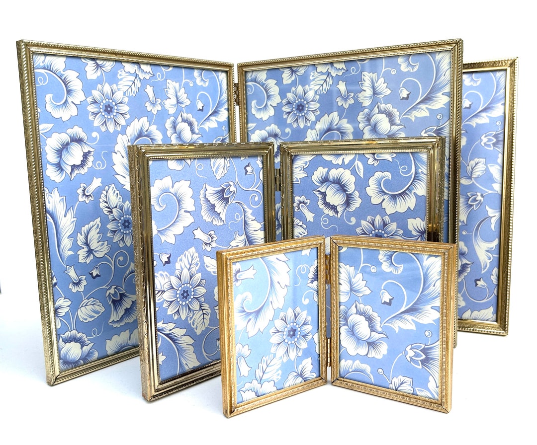 4 Vintage Gold Metal Picture Frames, Double Table Top Easel Hinged ...