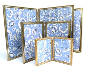 Vintage Gold Metal Picture Frames, Double Table Top Easel Hinged Collection, Wedding Decor Retro Cottage Chic
