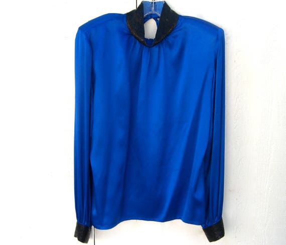 Royal Blue Silk Blouse, Black Beaded Collar Cuffs… - image 2