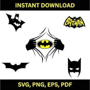 May include: A collection of black and yellow Batman-themed graphics. Includes the Batman logo, a bat symbol, and the word "Batman" in yellow. The text "INSTANT DOWNLOAD" and "SVG, PNG, EPS, PDF" are also present.