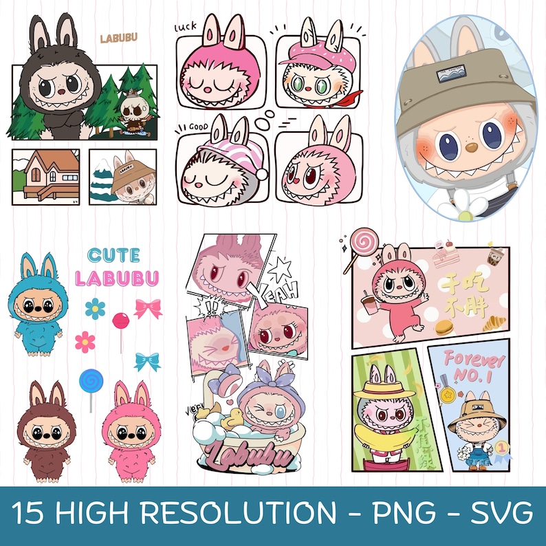May include: A selection of LABUBU character illustrations in multiple colours and outfits. The designs include a brown, blue, and pink LABUBU, with text that says "CUTE LABUBU" and "Forever NO. 1". The image is labelled "15 HIGH RESOLUTION - PNG - SVG".