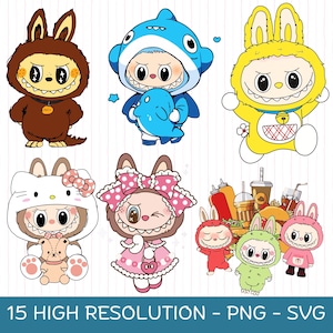 May include: A set of cartoon character illustrations in different costumes, such as a shark, bunny, and cat. The characters have large eyes and exaggerated smiles. The image includes the text "15 HIGH RESOLUTION - PNG - SVG".