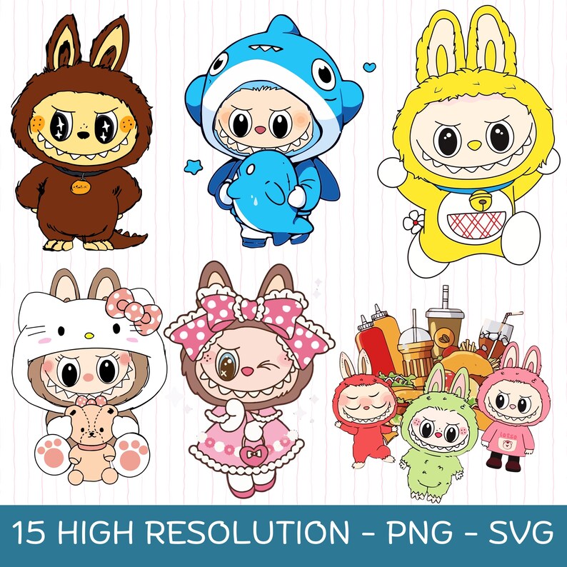 May include: A set of cartoon character illustrations in different costumes, such as a shark, bunny, and cat. The characters have large eyes and exaggerated smiles. The image includes the text "15 HIGH RESOLUTION - PNG - SVG".