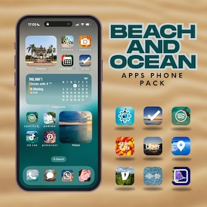 May include: A smartphone screen displaying a beach and ocean themed app icon pack. The icons are arranged in a grid and feature images of seashells, waves, and a sunset. The text "BEACH AND OCEAN APPS PHONE PACK" is displayed at the top of the screen.