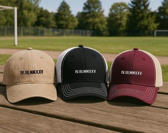 Custom Roman Numeral Embroidered Cap, Matching Couple Hat, Personalized Embroidered Baseball Hat, Custom Embroidered Numeral Trucker Cap