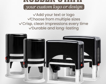 May include: Four black and white rubber stamps of varying sizes are displayed against a light background. The text at the top reads "RUBBER STAMP" and "your custom logo or design." Additional text highlights features like custom logos, multiple sizes, and durable impressions. The bottom text reads "SMALL, MEDIUM AND LARGE SIZE OPTIONS."